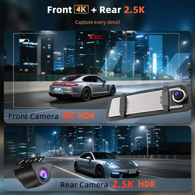 Aprilboy Mirror Dash Cam 4K Front and 2.5K Rear, IMX415 Rearview Mirror Camera for Cars, 5.8GHz WiFi, WDR, G-Sensor, Night Vision, Reverse Assist, Included 64GB Card - Image 2
